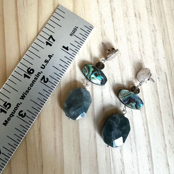 Sterling Silver Abalone  smoky quartz & Moss Agate Dangle Earrings - Picture 5 of 9